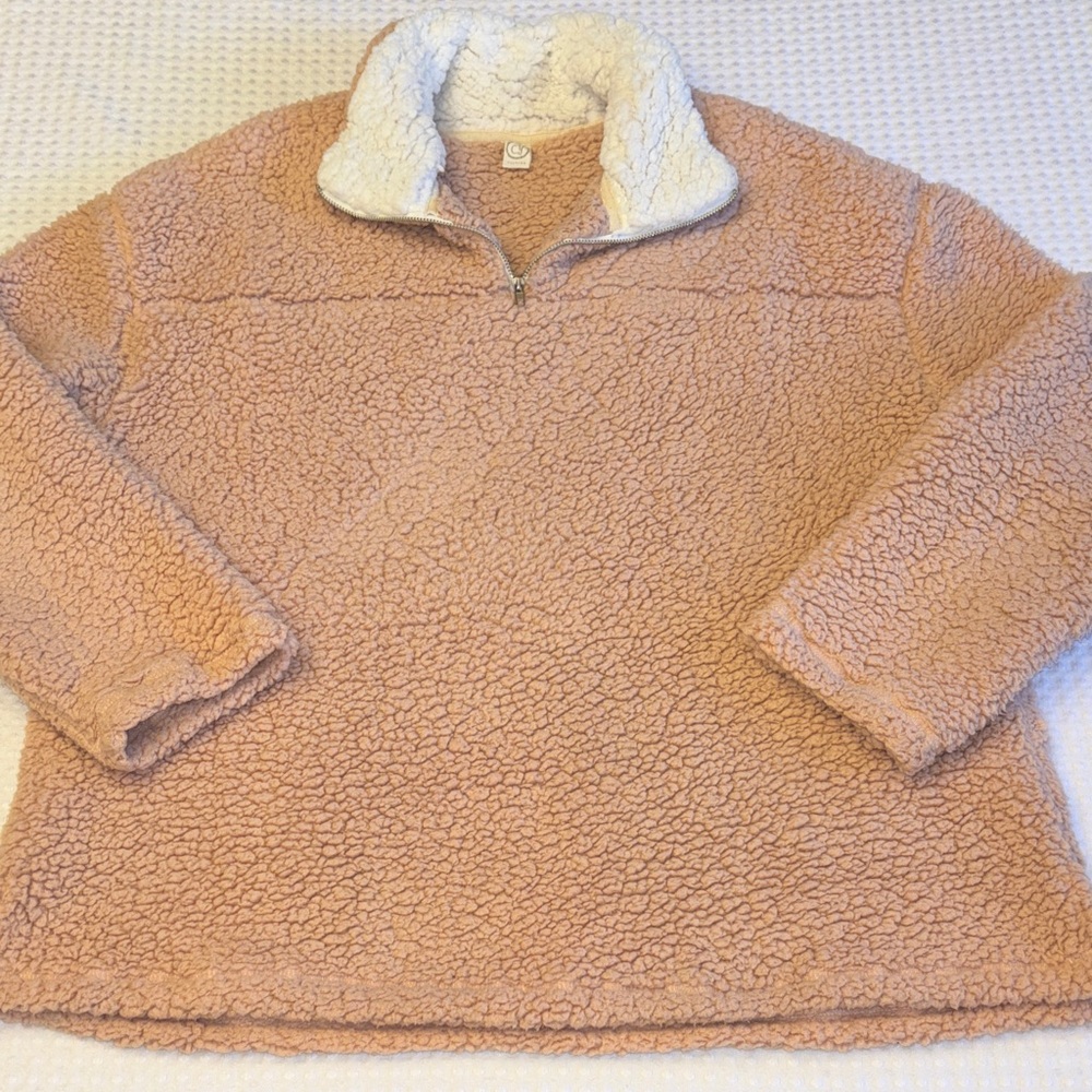 Cozy Sherpa Teddy Quarter-Zip Pullover Fleece Size Medium Blush Pink Peach Cream